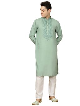 Gahan - Mens Blue Cotton Front Katha Stitch Work Kurta with Pajama