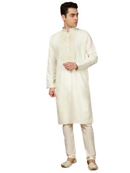 Gahan - Mens Off White Cotton Front Katha Stitch Work Kurta with Pajama