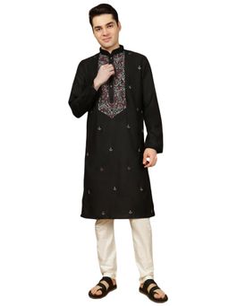 Gahan - Mens Black Front Katha Stitch Work Cotton Kurta with Pajama