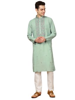 Gahan - Mens Green Front Katha Stitch Work Cotton Kurta with Pajama