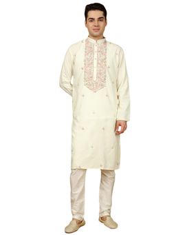 Gahan - Mens Off White Front Katha Stitch Work Cotton Kurta with Pajama