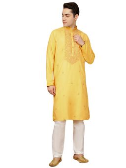 Gahan - Mens Yellow Front Katha Stitch Work Cotton Kurta with Pajama