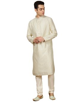 Gahan - Mens Shimmering Off White Embellished Poly Silk Kurta with Pajama