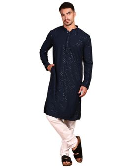 Gahan - Mens Exquisite Chikankari and Sequin Work Shimmering Navy Blue Kurta with Pajama