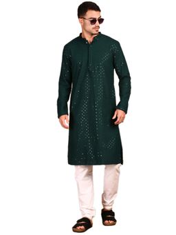 Gahan - Mens Exquisite Chikankari and Sequin Work Shimmering Deep Green Kurta with Pajama