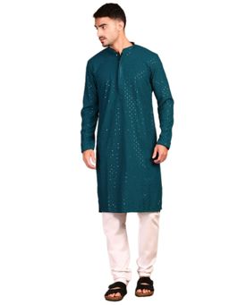 Gahan - Mens Exquisite Chikankari and Sequin Work Shimmering Firozi Teal Kurta with Pajama