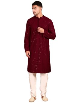 Gahan - Mens Exquisite Chikankari and Sequin Work Shimmering Maroon Kurta with Pajama