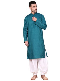 Gahan - Mens Self Design Shimmering Firozi Teal Cotton Kurta with Salwar