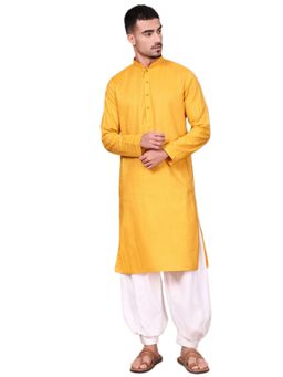 Gahan - Mens Self Design Shimmering Mustard Cotton Kurta with Salwar