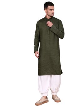 Gahan - Mens Self Design Shimmering Olive Green Cotton Kurta with Salwar