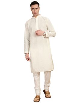 Gahan - Mens Off White Cotton Chikankari Handcrafted Thread Work Kurta with Pajama