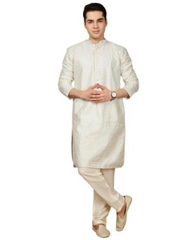 Gahan - Premium Silk Blend Embroidered Off White Kurta with Pajama