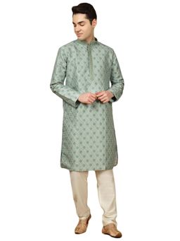 Gahan - Heritage Parrot Green Mens Jacquard Floral Printed Kurta with Pajama
