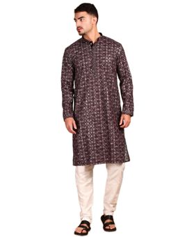 Gahan - Mens Geometric Embroidered Sequin Detail Rust Kurta with Pajama