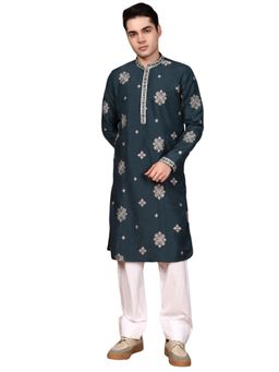 Gahan - Mens Navy Blue Silk Blend Sequins Crafts Designer Kurta with Pajama