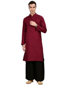 Gahan - Mens Handcrafted Textured Maroon Cotton Kurta with Salwar