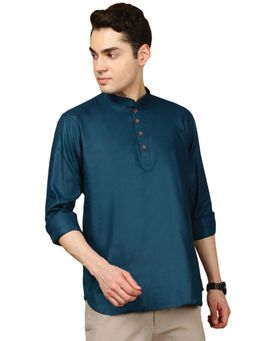 Gahan - Mens Cotton Firozi Teal Solid Short Kurta