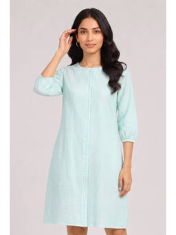 Twenty Dresses by Nykaa Fashion - Puff Sleeves Mint Green Stripes Cotton Seersucker Dress