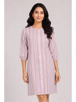 Twenty Dresses by Nykaa Fashion - Puff Sleeves Multi-Color Stripes Cotton Seersucker Dress