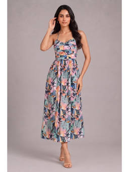 Twenty Dresses by Nykaa Fashion - Cut-Out Tropical Leaf & Bird Print Halter Neck Long Dress