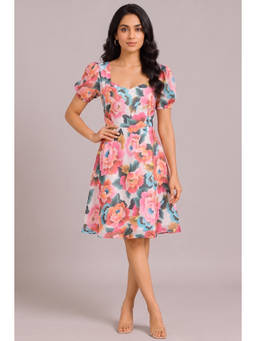 Twenty Dresses by Nykaa Fashion - Puff Sleeves Floral Fit & Flare Knee Length Dress