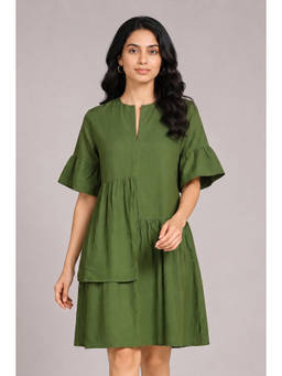 Twenty Dresses by Nykaa Fashion - Olive Green Asymmetric Tiered Casual Knee Length Dress