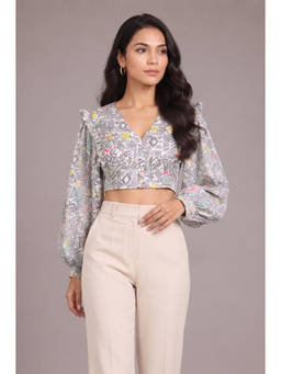 Twenty Dresses by Nykaa Fashion - Tie-Up Front Balloon Sleeves Grey Geometric Print Crop Top