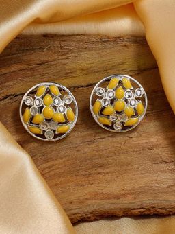 Estele - Rhodium Plated Dazzling Kundan Stud Earrings with Yellow Enamel for Women