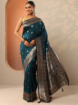 Libas - Teal Ethnic Motif Woven Saree with Unstitched Blouse