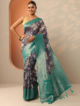 Libas - Navy Blue Floral Printed Woven Saree with Unstitched Blouse