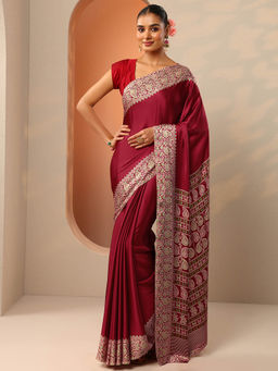 Libas - Red Pasley Printed Border Saree with Unstitched Blouse