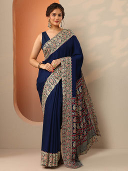 Libas - Navy Blue Pasley Printed Border Saree with Unstitched Blouse
