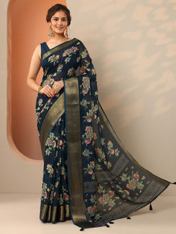 Libas - Navy Blue Floral Printed Saree with Unstitched Blouse