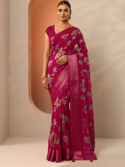 Libas - Pink Floral Printed Saree with Unstitched Blouse