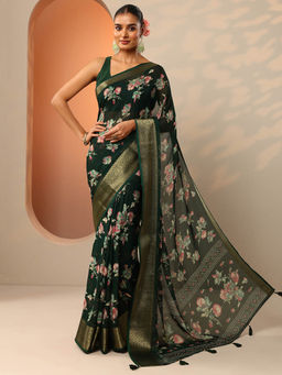 Libas - Green Floral Printed Saree with Unstitched Blouse