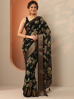 Libas - Black Floral Printed Saree with Unstitched Blouse