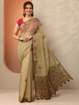 Libas - Beige Floral Embroidered Saree with Unstitched Blouse