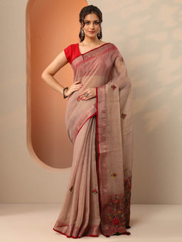 Libas - Red Floral Embroidered Saree with Unstitched Blouse