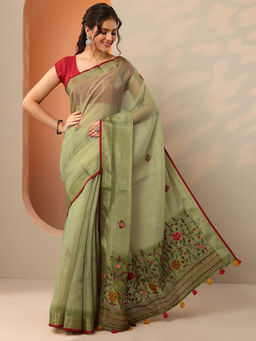 Libas - Green Floral Embroidered Saree with Unstitched Blouse