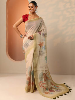 Libas - Beige Floral Printed & Embellished Saree with Unstitched Blouse