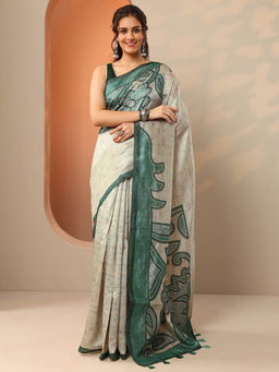 Libas - Green Floral Embroidered Saree with Unstitched Blouse