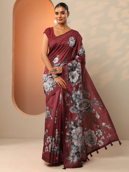 Libas - Maroon Floral Embroidered Saree with Unstitched Blouse