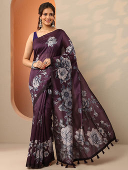 Libas - Burgundy Floral Embroidered Saree with Unstitched Blouse