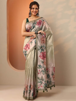 Libas - Beige Floral Embellished Saree with Unstitched Blouse