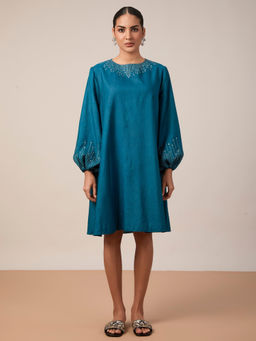 Mantra - Women Turquoise Silk Blend Embroidered Dress