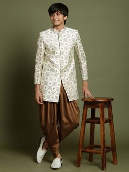 Vastramay - Boys Cream And Gold Sherwani and Dhoti (Set of 2)