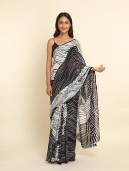 Suta - White And Black Printed Liva Saree