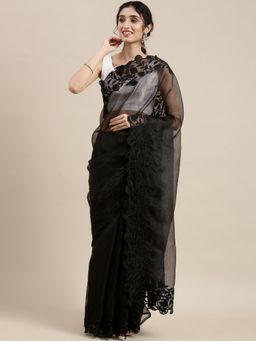Vastranand - Black Embroidered Organza Saree with Unstitched Blouse