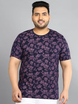 Urbano Plus - Men's Dark Blue Printed Round Neck Half Sleeve Regular Fit Cotton T-shirt
