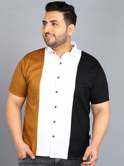 Urbano Plus - Men's Beige, Off White, Black Cotton Half Sleeve Casual Colorblock Shirt